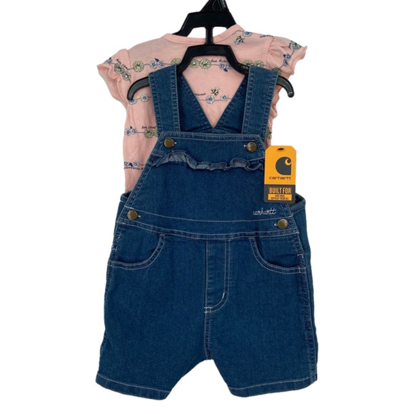 Carhartt Other - Carhartt 2 Piece Set Daisy Bumble Bee Print Bodysuit Denim Overall Shorts 18M